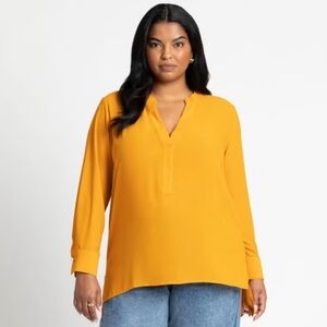 ELOQUII Women's Sheer Yellow V-Neck Tunic Blouse Sz 20